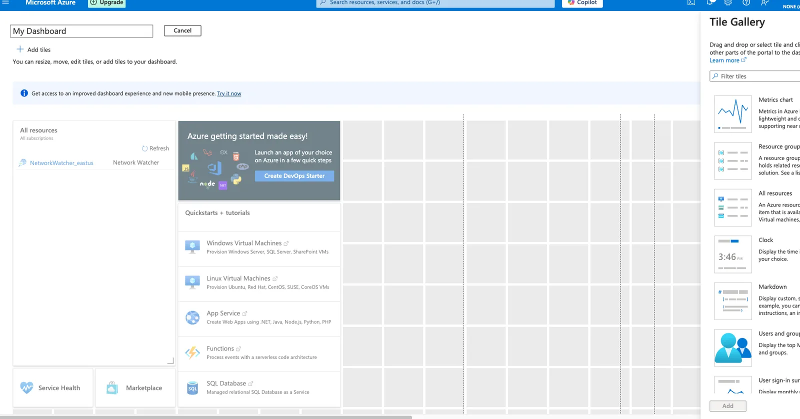 Azure Portal Dashboard Edit