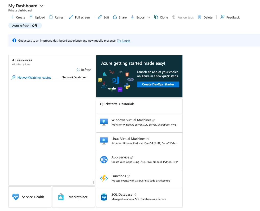 Azure Portal Dashboard