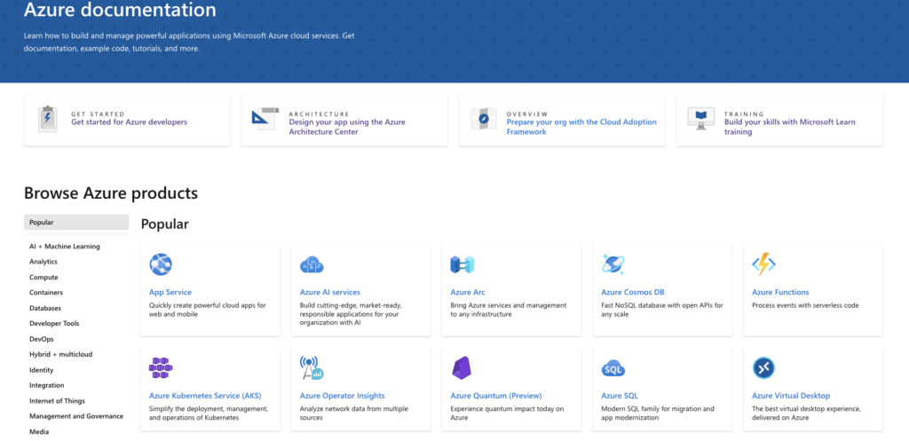 Azure Documentation homepage with search bar and product categories