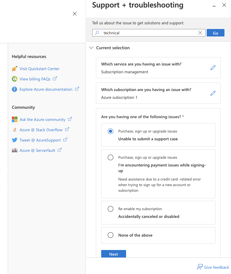 Creating a new support request in the Azure Portal-3