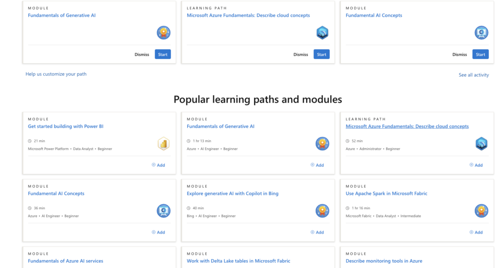 Microsoft Learn homepage showcasing learning paths and modules.